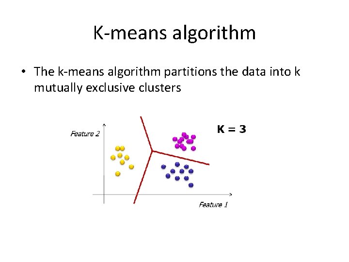 K-means algorithm • The k-means algorithm partitions the data into k mutually exclusive clusters K-means algorithm • The k-means algorithm partitions the data into k mutually exclusive clusters