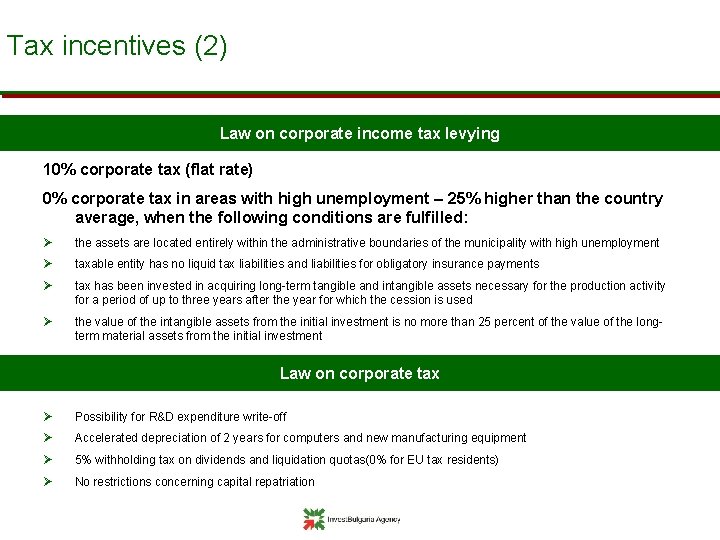 Tax incentives (2) Law on corporate income tax levying 10% corporate tax (flat rate)