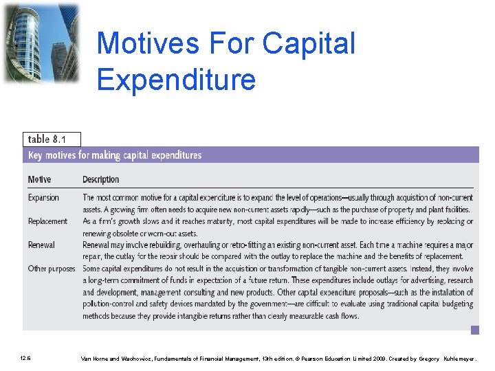 Motives For Capital Expenditure 12. 6 Van Horne and Wachowicz, Fundamentals of Financial Management,