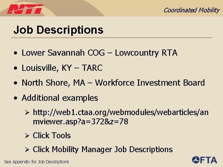 Coordinated Mobility Job Descriptions • Lower Savannah COG – Lowcountry RTA • Louisville, KY