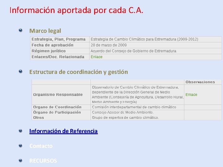 Información aportada por cada C. A. Marco legal Estructura de coordinación y gestión Información