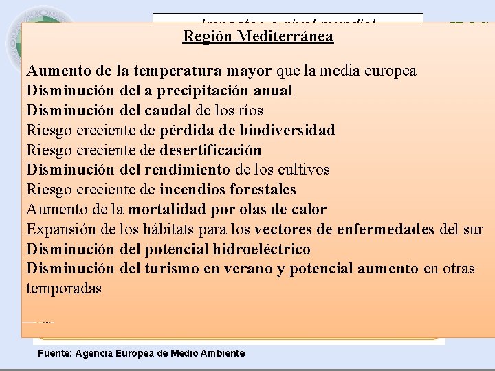 Impactos a nivel mundial Región Mediterránea IPCC Aumento de la temperatura mayor que la