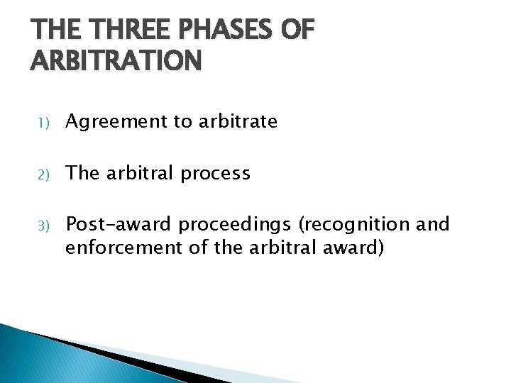 THE THREE PHASES OF ARBITRATION 1) Agreement to arbitrate 2) The arbitral process 3)