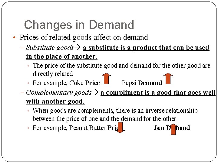 Changes in Demand • Prices of related goods affect on demand – Substitute goods