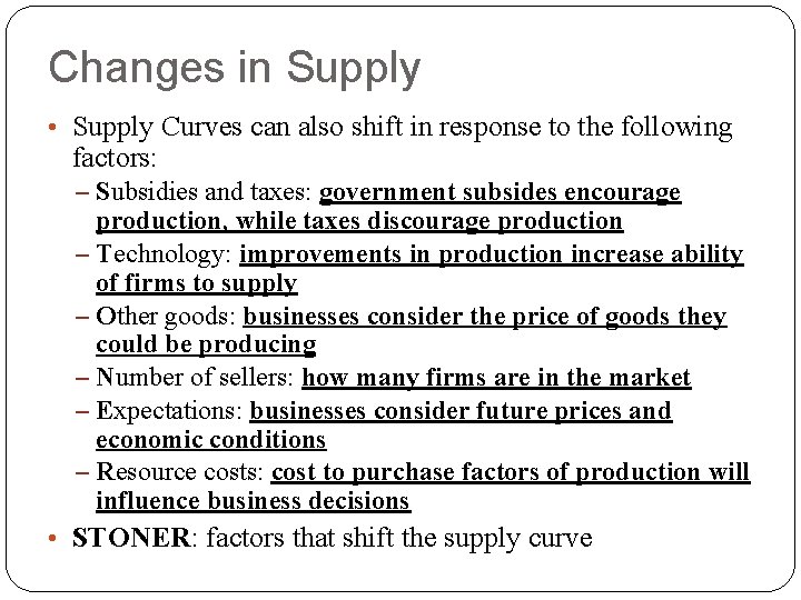 Changes in Supply • Supply Curves can also shift in response to the following