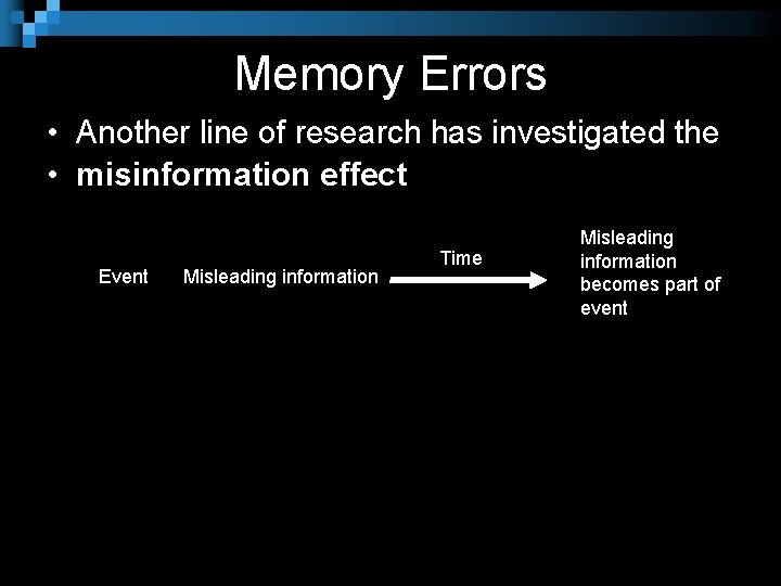 Memory Errors • Another line of research has investigated the • misinformation effect Event