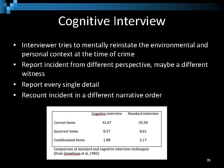 Cognitive Interview • Interviewer tries to mentally reinstate the environmental and personal context at