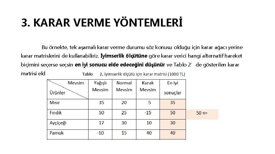 3. KARAR VERME YÖNTEMLERİ Bu örnekte, tek aşamalı karar verme durumu söz konusu olduğu