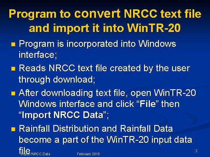 Program to convert NRCC text file and import it into Win. TR-20 Program is