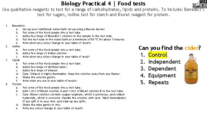 Biology Practical 4 | Food tests Use qualitative reagents to test for a range