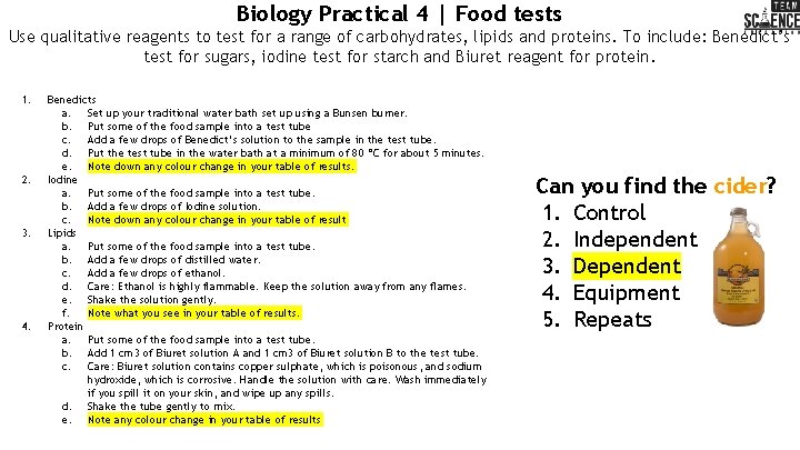 Biology Practical 4 | Food tests Use qualitative reagents to test for a range