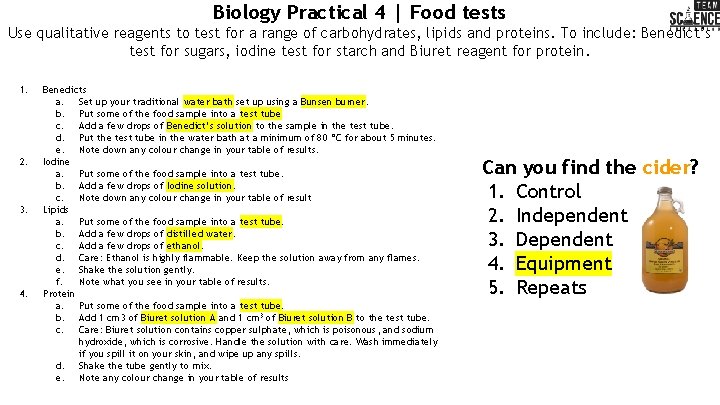 Biology Practical 4 | Food tests Use qualitative reagents to test for a range