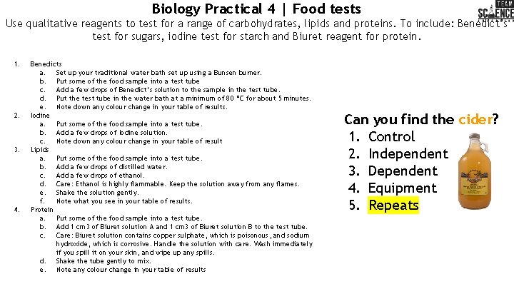 Biology Practical 4 | Food tests Use qualitative reagents to test for a range