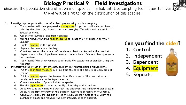 Biology Practical 9 | Field Investigations Measure the population size of a common species