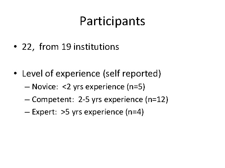 Participants • 22, from 19 institutions • Level of experience (self reported) – Novice:
