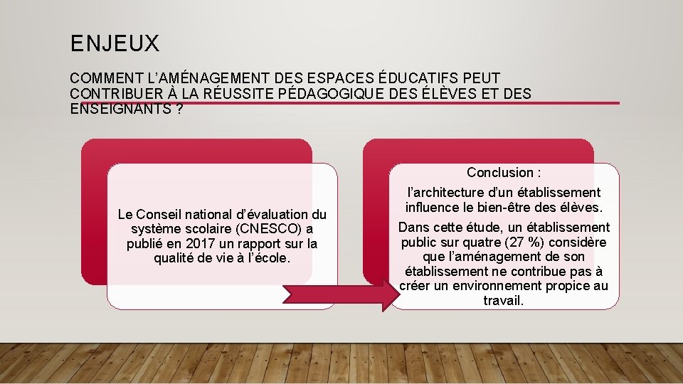 ENJEUX COMMENT L’AMÉNAGEMENT DES ESPACES ÉDUCATIFS PEUT CONTRIBUER À LA RÉUSSITE PÉDAGOGIQUE DES ÉLÈVES