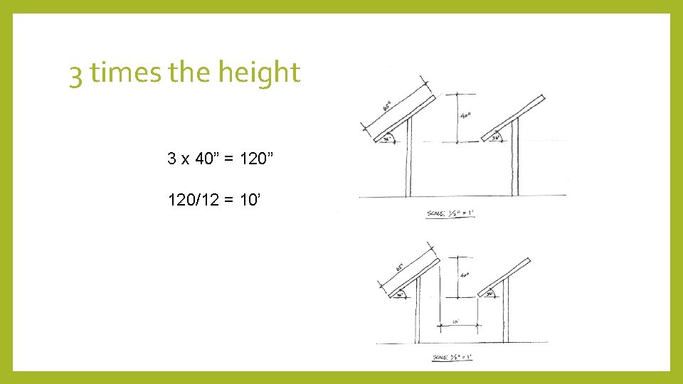 3 times the height 3 x 40” = 120” 120/12 = 10’ 