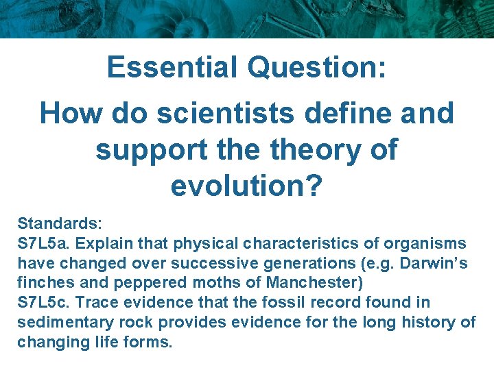 Essential Question: How do scientists define and support theory of evolution? Standards: S 7