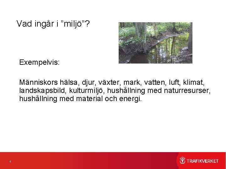 Vad ingår i ”miljö”? Exempelvis: Människors hälsa, djur, växter, mark, vatten, luft, klimat, landskapsbild,