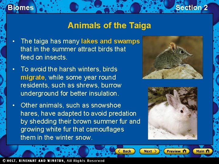 Biomes Section 2 Animals of the Taiga • The taiga has many lakes and