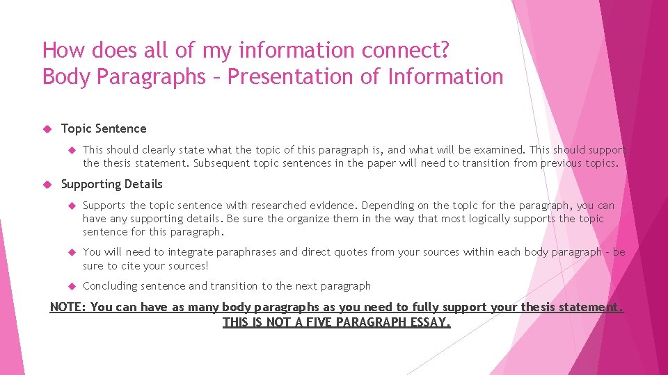 How does all of my information connect? Body Paragraphs – Presentation of Information Topic