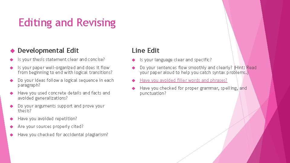 Editing and Revising Developmental Edit Line Edit Is your thesis statement clear and concise?