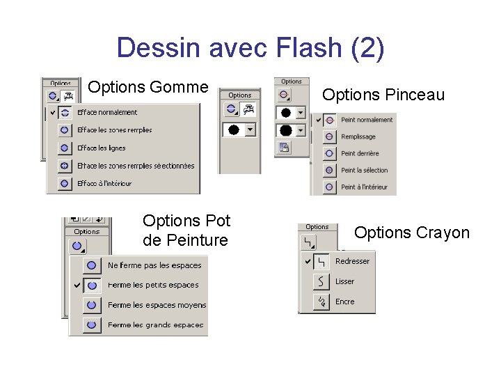 Dessin avec Flash (2) Options Gomme Options Pot de Peinture Options Pinceau Options Crayon