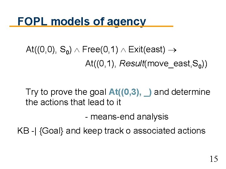 FOPL models of agency At((0, 0), S 0) Free(0, 1) Exit(east) At((0, 1), Result(move_east, FOPL models of agency At((0, 0), S 0) Free(0, 1) Exit(east) At((0, 1), Result(move_east,