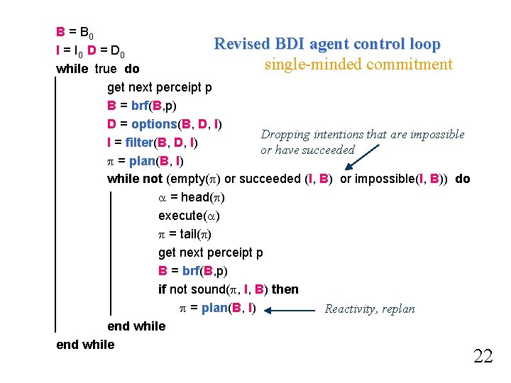 B = B 0 Revised BDI agent control loop I = I 0 D B = B 0 Revised BDI agent control loop I = I 0 D