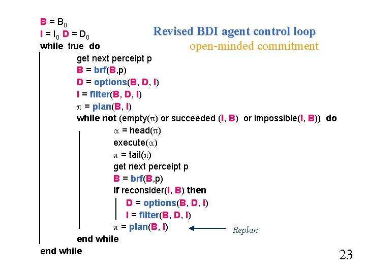 B = B 0 Revised BDI agent control loop I = I 0 B = B 0 Revised BDI agent control loop I = I 0