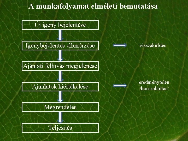 A munkafolyamat elméleti bemutatása Új igény bejelentése Igénybejelentés ellenőrzése visszaküldés Ajánlati felhívás megjelenése Ajánlatok