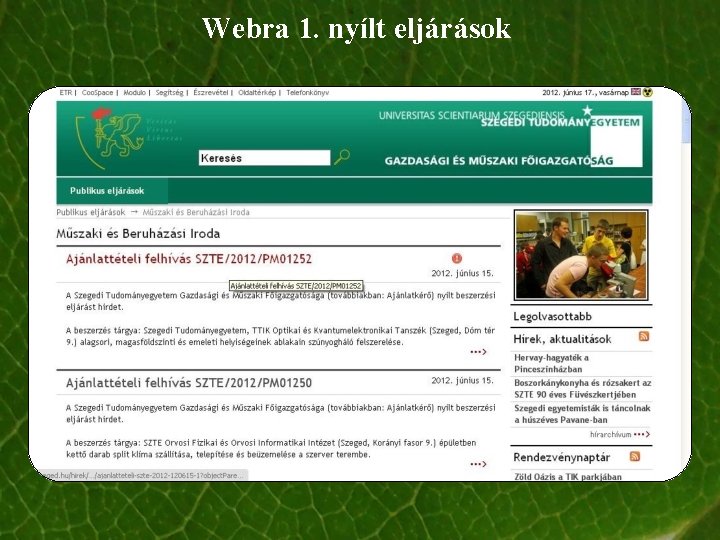 Webra 1. nyílt eljárások Webra 1. nyílt eljárások