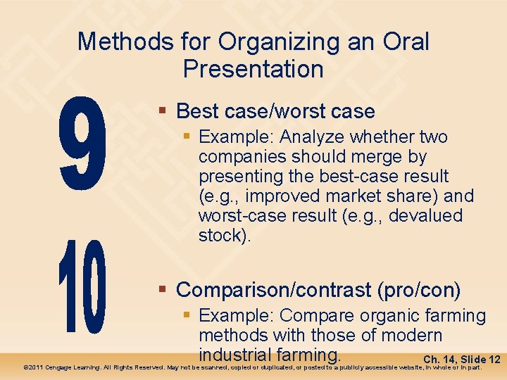 Methods for Organizing an Oral Presentation § Best case/worst case § Example: Analyze whether