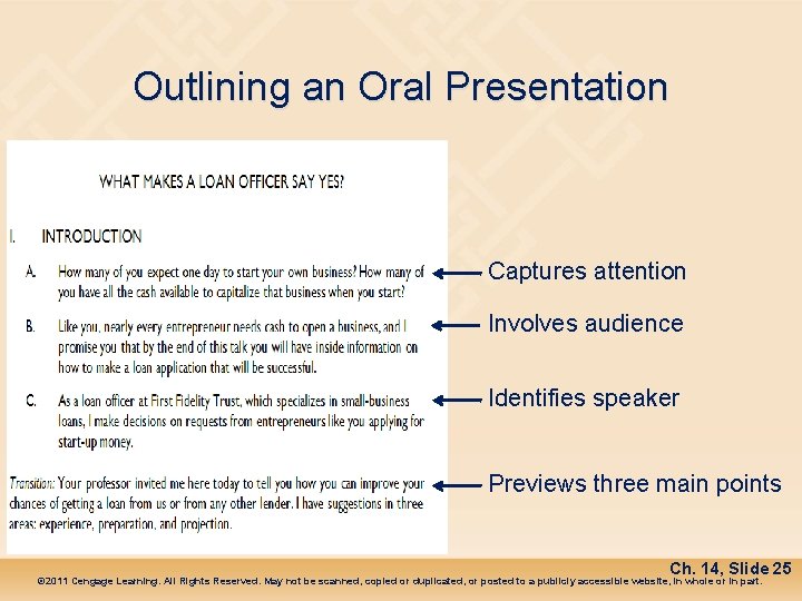 Outlining an Oral Presentation Captures attention Involves audience Identifies speaker Previews three main points