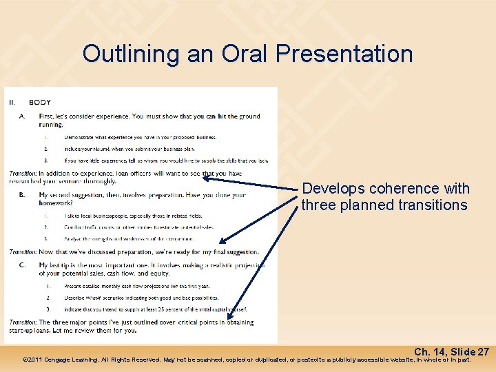 Outlining an Oral Presentation Develops coherence with three planned transitions Ch. 14, Slide 27