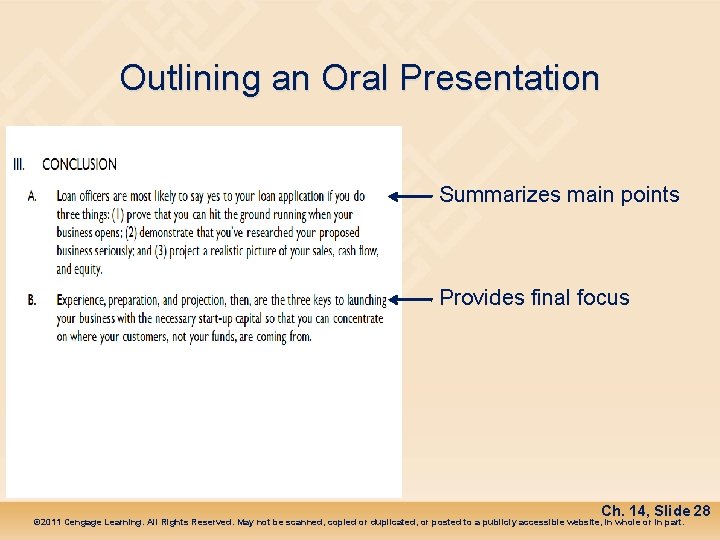 Outlining an Oral Presentation Summarizes main points Provides final focus Ch. 14, Slide 28
