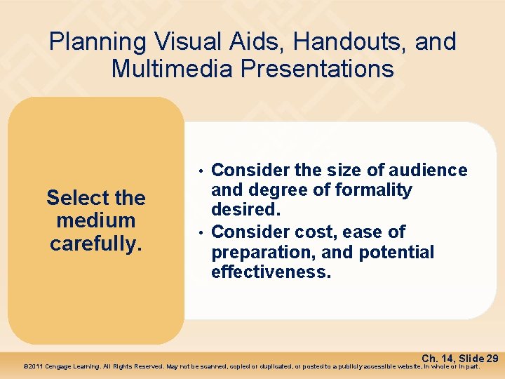 Planning Visual Aids, Handouts, and Multimedia Presentations • Select the medium carefully. • Consider