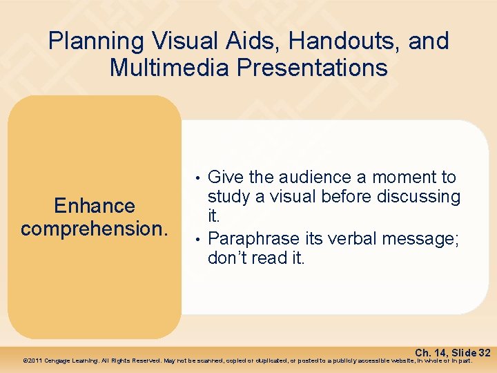 Planning Visual Aids, Handouts, and Multimedia Presentations • Enhance comprehension. • Give the audience