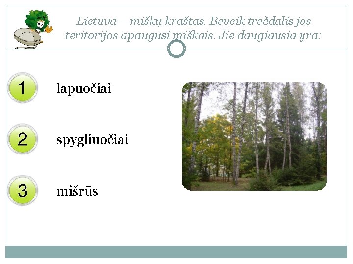 Lietuva – miškų kraštas. Beveik trečdalis jos teritorijos apaugusi miškais. Jie daugiausia yra: lapuočiai