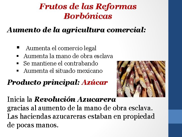 Frutos de las Reformas Borbónicas Aumento de la agricultura comercial: § Aumenta el comercio