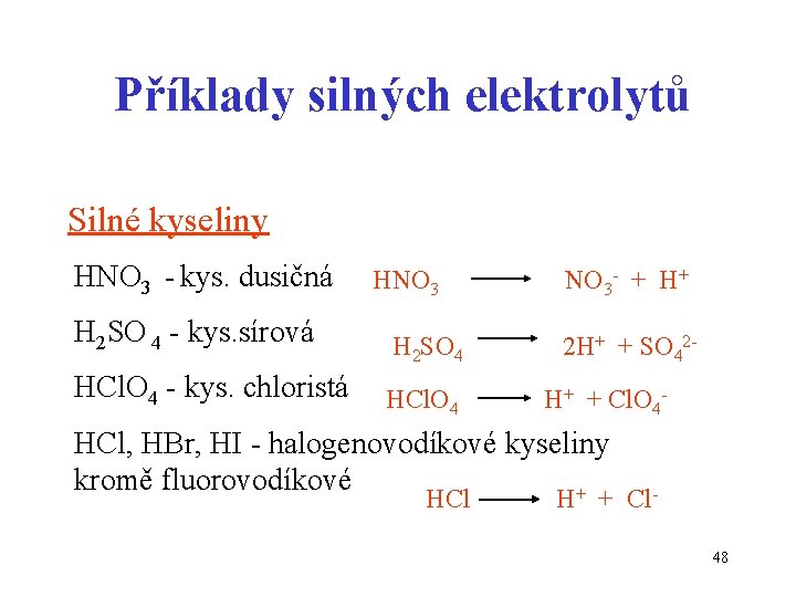Příklady silných elektrolytů Silné kyseliny HNO 3 - kys. dusičná HNO 3 NO 3