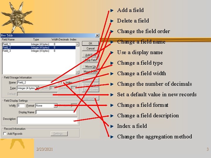 Add a field Delete a field Change the field order Change a field name