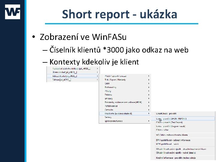 Short report - ukázka • Zobrazení ve Win. FASu – Číselník klientů *3000 jako