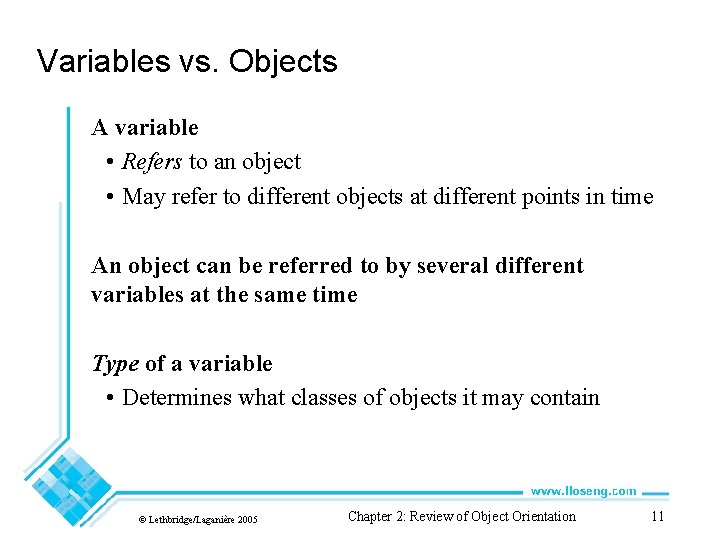 Variables vs. Objects A variable • Refers to an object • May refer to