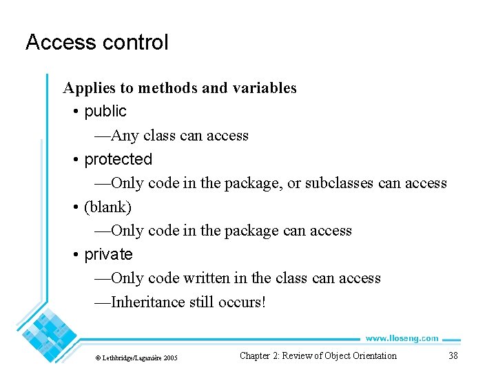 Access control Applies to methods and variables • public —Any class can access •