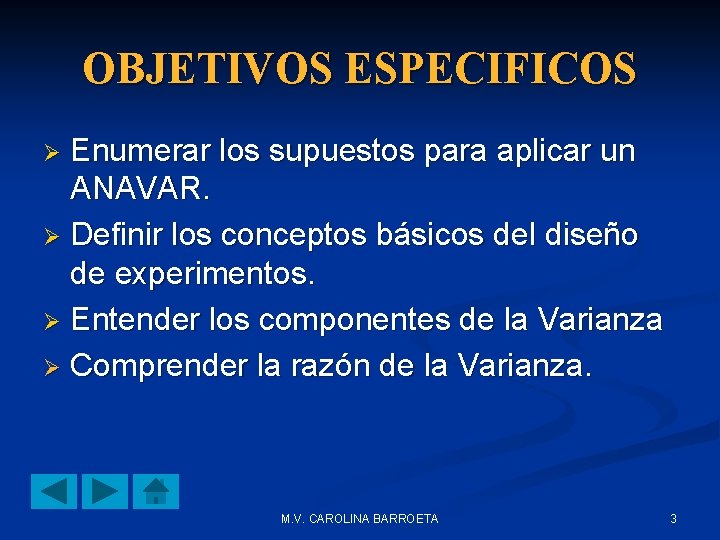 OBJETIVOS ESPECIFICOS Enumerar los supuestos para aplicar un ANAVAR. Ø Definir los conceptos básicos