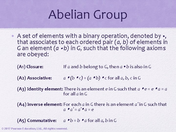 Abelian Group • A set of elements with a binary operation, denoted by ,