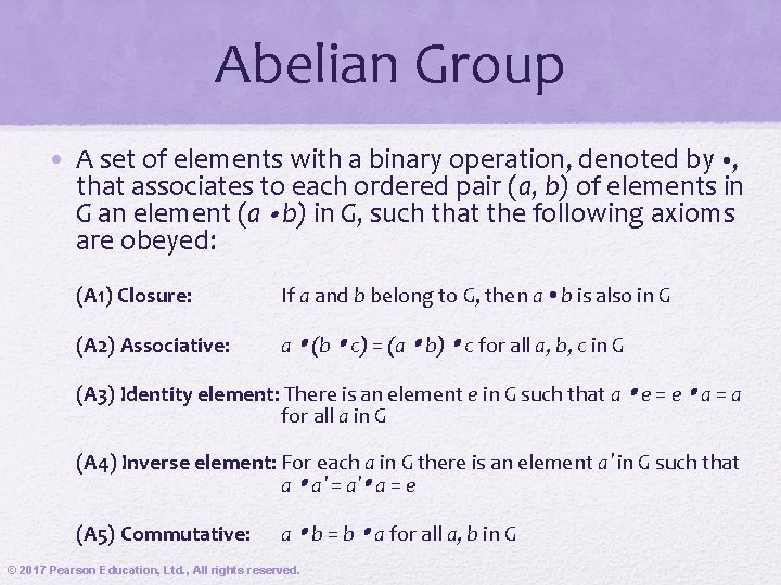 Abelian Group • A set of elements with a binary operation, denoted by , Abelian Group • A set of elements with a binary operation, denoted by ,