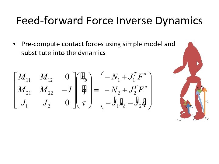 Feed-forward Force Inverse Dynamics • Pre-compute contact forces using simple model and substitute into Feed-forward Force Inverse Dynamics • Pre-compute contact forces using simple model and substitute into