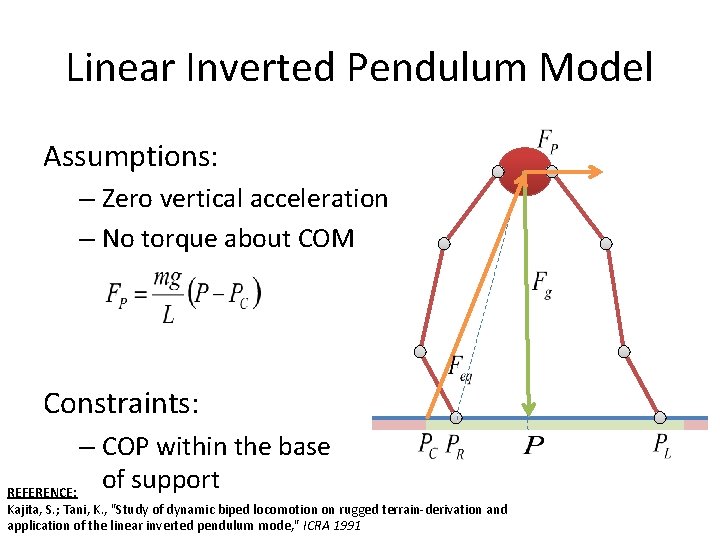 Linear Inverted Pendulum Model Assumptions: – Zero vertical acceleration – No torque about COM Linear Inverted Pendulum Model Assumptions: – Zero vertical acceleration – No torque about COM